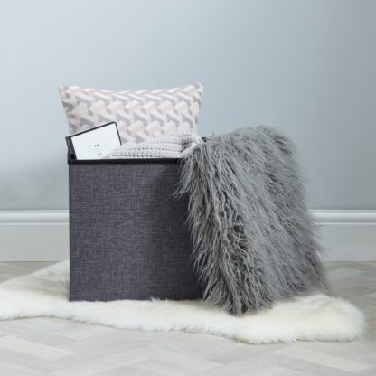 An Image of Grey Faux Fur Foldable Cube Ottoman Grey