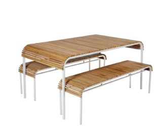 An Image of Habitat Rolio 6 Seater Acacia and Metal Benches Patio Set
