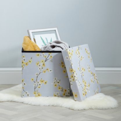 An Image of Alisha Floral Foldable Cube Ottoman Blue, Yellow and White