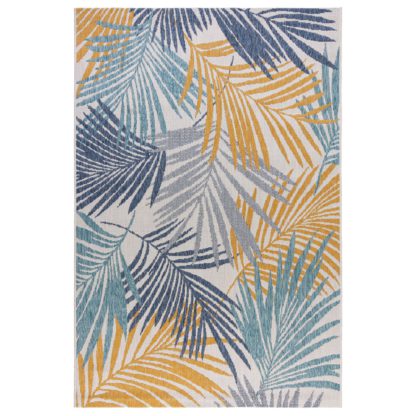 14bbf11abc5ef5b3a04c84391ce93805a0ba3eabe6771b5b14b179db6a06604c.jpg An Image of Tropical Indoor Outdoor Rug Blue, Yellow and Grey