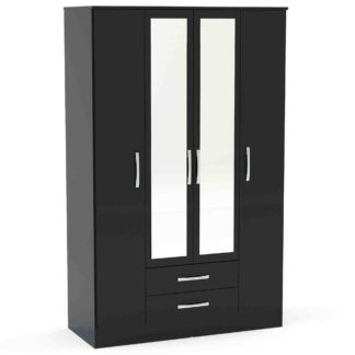 An Image of Lynx Black Gloss 4 Door 2 Drawer Mirrored Wardrobe Black