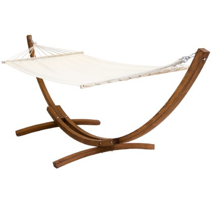 An Image of Extra Large Wooden Hammock With Arc Stand Cream Canvas Wood (Brown)