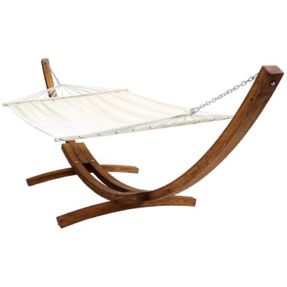 An Image of Extra Large Wooden Hammock With Arc Stand Cream Canvas Wood (Brown)