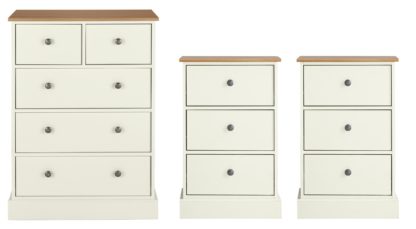 An Image of Argos Home Kensington 2Bedside & 3+2Drw Set-Ivory/Oak Veneer