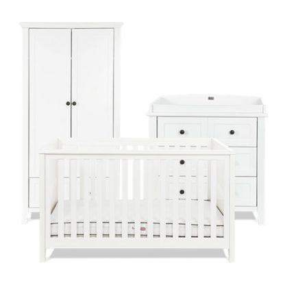 5413210588ace2cbe55cbbf0e71564cbf79a1abf9ec255de5c25cb90951d799c.jpg An Image of Silver Cross Nostalgia Cot Bed Dresser Wardrobe Set- White