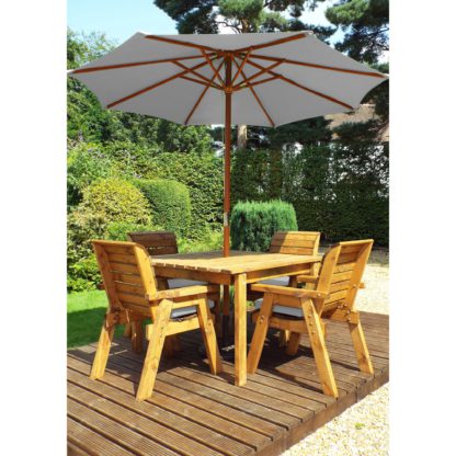 An Image of Charles Taylor 4 Seater Square Dining Set with Grey Seat Pads and Parasol Wood (Brown)