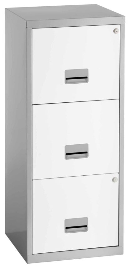An Image of Pierre Henry 3 Drawer A4 Filing Cabinet - Silver & White