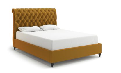 An Image of MiBed Cheshire Velvet Double Bed Frame - Mustard