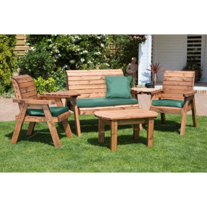An Image of Charles Taylor 4 Seater Wooden Conversation Set with Green Seat Pads Brown