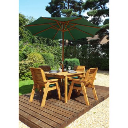 An Image of Charles Taylor 4 Seater Wooden Square Dining Set with Green Seat Pads and Parasol Brown