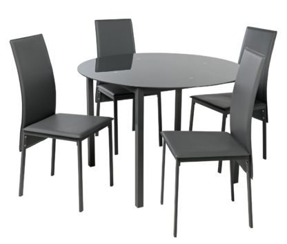 An Image of Argos Home Lido Glass Round Dining Table & 4 Grey Chairs
