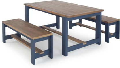An Image of Bala Dining Table and Bench Set, Solid wood and Blue