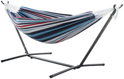 An Image of Vivere Double Cotton Hammock with Stand - Denim