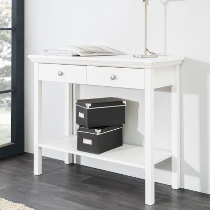 b2d79e8aea852df005ea8a5b7b07cabdd966afda9601725e9c5f60dd2d26a4e6.jpg An Image of Country Console Table In White With 2 Drawers