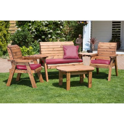 An Image of Charles Taylor 4 Seater Wooden Conversation Set with Burgundy Seat Pads Brown