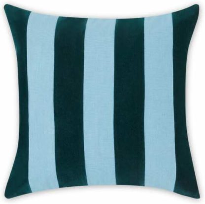 An Image of Bowker Stripe Velvet Cushion, 50 x 50cm, Storm Green & Zen Blue