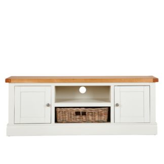 An Image of Compton Ivory Wide TV Stand with Baskets Cream and Brown