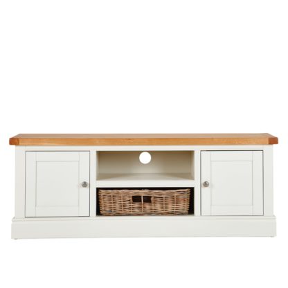 An Image of Compton Ivory Wide TV Stand with Baskets Cream and Brown