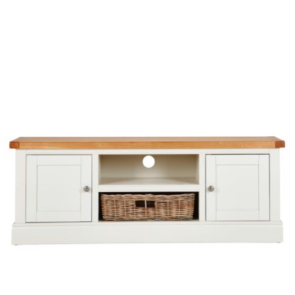 ddb210339aa3d1513d86f0d9eb523874825fbdc8bf0f3f7aa8d5dbc3eb4c93a8.jpg An Image of Compton Ivory Wide TV Stand with Baskets Cream and Brown