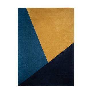 An Image of Colour Block Wool Rug Black, Yellow and Blue