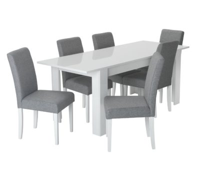 An Image of Habitat Miami Gloss Extending Table & 6 Tweed Chair -Grey