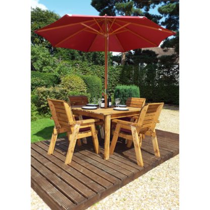 An Image of Charles Taylor 4 Seater Wooden Square Dining Set with Burgundy Seat Pads and Parasol Brown