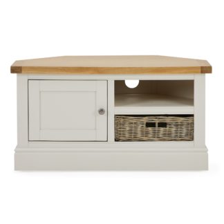 An Image of Compton Ivory Corner TV Stand with Baskets Cream