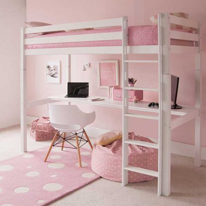 An Image of Buddy Childrens Beech Highsleeper Loft Bed With Full Length Desk
