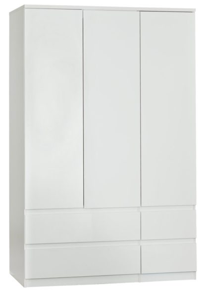 An Image of Habitat Jenson Gloss 3 Dr 4 Drw Mirrored Wardrobe - White