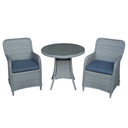 An Image of Coniston Round Garden Bistro Set in Musky Grey Weave with Urban Black Cushions