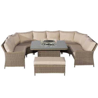 An Image of Taransay Royal U Shaped Garden Set with Fire Pit in Natural Weave and Beige Fabric Cushions