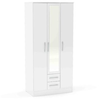 An Image of Lynx White 3 Door 2 Drawer Mirrored Wardrobe White