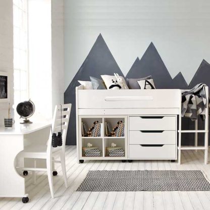 An Image of Kenzie Childrens Midsleeper with Desk Chest Of Drawers And Storage Bo