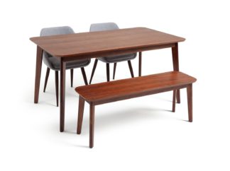 An Image of Habitat Skandi Walnut Veneer Table, 2 Grey Chairs & Bench