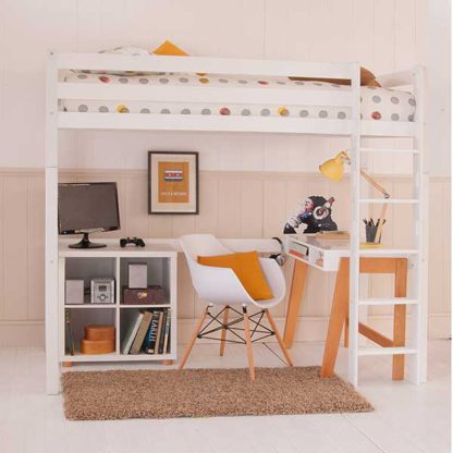 An Image of Buddy Childrens Beech Highsleeper Loft Bed With Desk and Storage Bookc