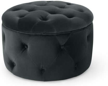 An Image of Hampton Small Round Storage Pouffe, Midnight Grey Velvet