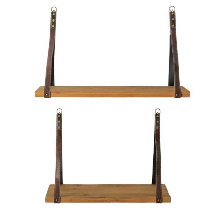An Image of Pair of Hanging Wood Shelves with Leather brackets