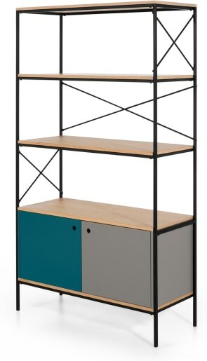 An Image of Arris Shelving Unit, Oak and Blue