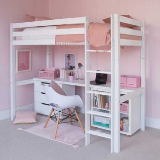 An Image of Buddy Childrens Beech Highsleeper Loft Bed With Full Length Desk Stor