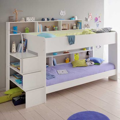 87eeaeda9d7e879f2b8cbb88a592756e27c617d39d9ac3139e4031951cf6c974.jpg An Image of Annora Children's Bunk Bed In Solid Wood With Painted White Finish