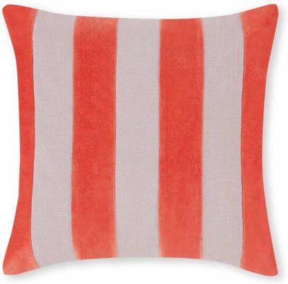 97fc656e4ce24eefba29e1495732cafd5fbd09598c00ef12dea2f36dd963715d.jpg An Image of Bowker Stripe Velvet Cushion, 50 x 50cm, Vermillion Red & Cloud Grey