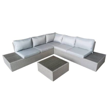 a240c541cd1f41d3ec79d9e817f6eadd349c1dbe34d99359d00b655457bda3fe.jpg An Image of Rattan and Polywood 5 Seater Grey Corner Lounger Set Light Grey
