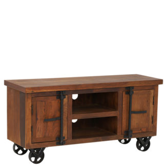 An Image of Little Tree Furniture Hyatt Reclaimed Wood TV Unit on Wheels Dark Fin