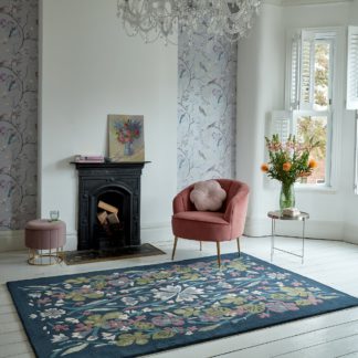 An Image of Charlotte Floral Wool Mix Rug Navy Blue, Green and Pink