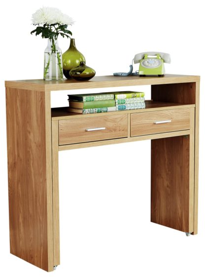 bc6d97b7943ecd28b9643165bbbc339c4fa2b1d8ff6dd1868e5ff83c11969cba.jpg An Image of Regis 2 Drawer Console Desk - Oak