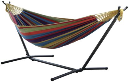 An Image of Vivere Double Cotton Hammock with Stand - Tropical