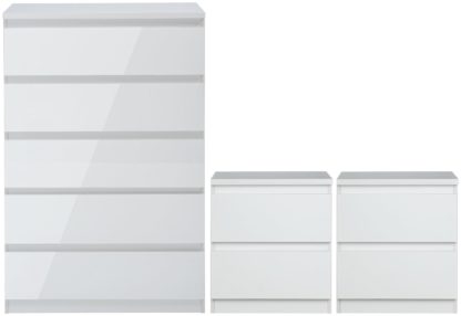An Image of Habitat Jenson Gloss 2 Bedside & 5 Drawer Chest Set-White
