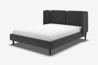 An Image of Ricola King Size Bed, Ashen Grey Cotton Velvet with Black Stained Oak Legs