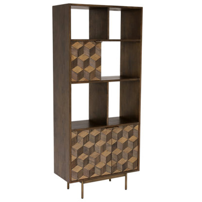 An Image of Facet 3 Door Shelving Unit Dark Mango Wood and Brass