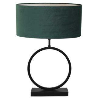An Image of Matt Black Circular Table Lamp Green Velvet Shade